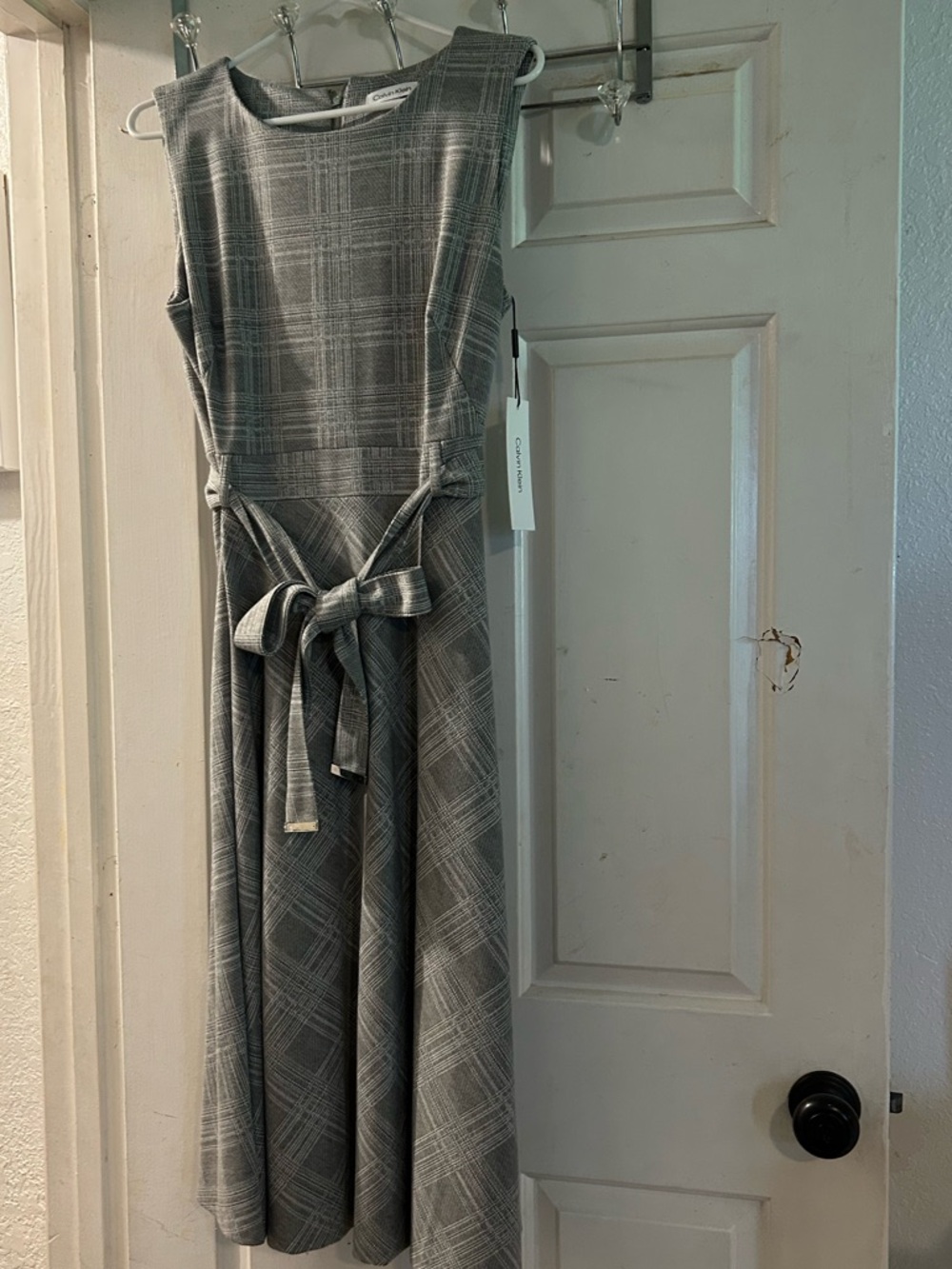 Calvin Klein Gray Plaid Midi Dress with Tie Waist